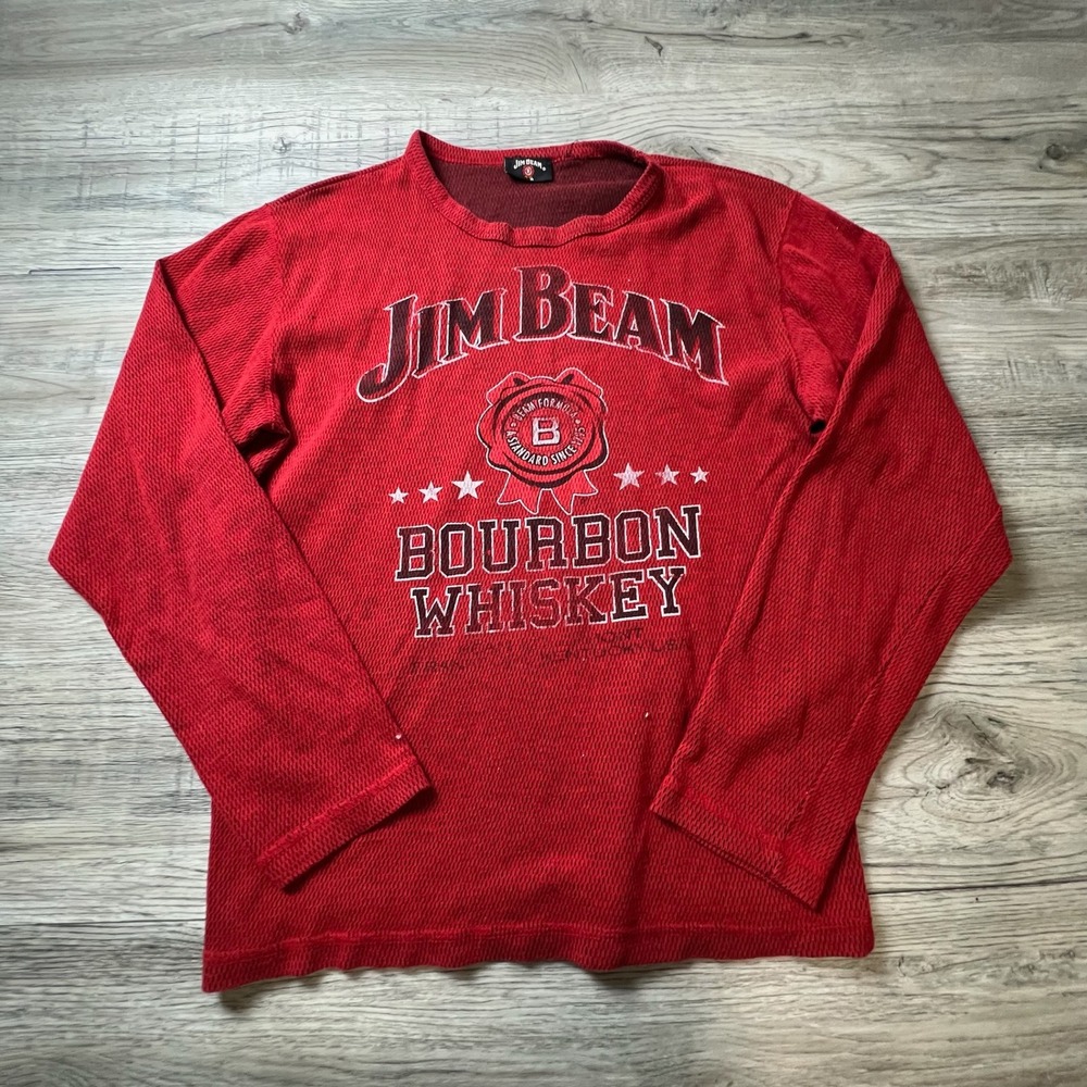 Jim Beam Bourbon Whiskey Shirt Mens Large Red Waffle Knit‎ Long Sleeve thermal